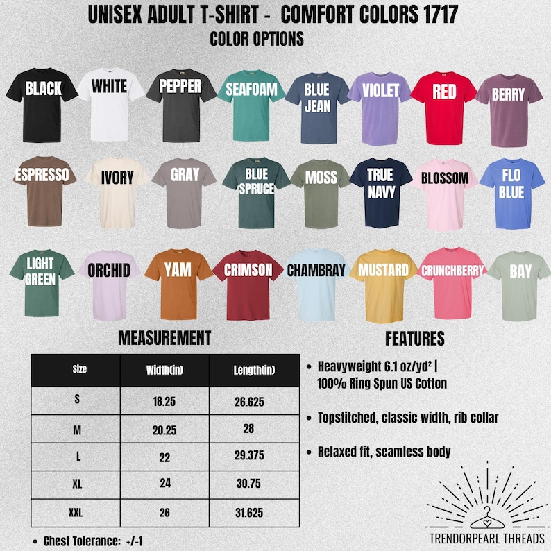 Puede incluir: Imagen de producto que muestra una variedad de camisetas unisex para adultos en varios colores, incluyendo negro, blanco y rojo. La imagen incluye una tabla de tallas con medidas en pulgadas y caracter&iacute;sticas como algod&oacute;n de peso pesado y un ajuste relajado. El texto "UNISEX ADULT T-SHIRT - COMFORT COLORS 1717" es visible.