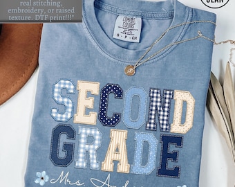 Custom FAUX Patchwork Second Grade Teacher Shirt, Comfort Colors® 2nd Grade Team Floral Blue Educator T-Shirt, Back to School Group Tee
