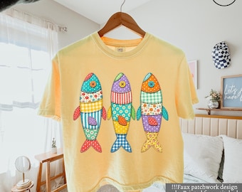 Comfort Colors® Summer Fish FAUX Patchwork Shirt, Sardine Beach Women Tee, Fishing Shirt, Fisherman Gift