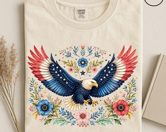 4th July 250th Anniversary Comfort Colors® Shirts, Floral Patriotic Eagle America Graphic Tee, America Celebration Shirt, USA Gift Tee