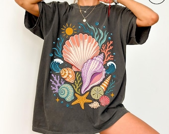 Vintage Seashells Tshirt Comfort Colors Cotton Cottagecore Aesthetic Shirt Nautical Tee Ocean Swimsuit Coverup