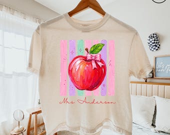 Custom Preppy Teacher Name Apple Shirt, Comfort Colors Back to School Tee, First Second Third Fourth Fifth Grade Level Tee