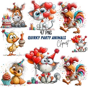 May include: A digital collection of 47 PNG files titled QUIRKY PARTY ANIMALS Clipart featuring cartoon illustrations of a donkey, cats, a duck, and a rooster wearing party hats, holding heart-shaped balloons, and standing by birthday cakes.