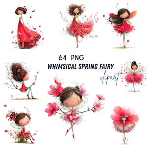Może przedstawiać: Kolekcja kapryśnych obrazków clipart z wróżkami. Wróżki przedstawione są w różnych pozach, w czerwonych i różowych sukienkach, z kwiatowymi i motylkowymi akcentami. Tekst "64 PNG WHIMSICAL SPRING FAIRY clipart" jest również dołączony.