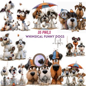 May include: A digital collection of 35 PNG files featuring cartoon-style dogs with expressive faces, some holding magnifying glasses, fishing rods, or umbrellas, with the text 35 PNG,S WHIMSICAL FUNNY DOGS clipart displayed in the centre.