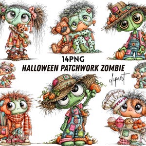 May include: A collection of 14 PNG digital illustrations titled Halloween Patchwork Zombie clipart. The images feature green-skinned zombie characters with large eyes, stitched skin, and patchwork clothing, some holding teddy bears, pumpkins, or cupcakes.