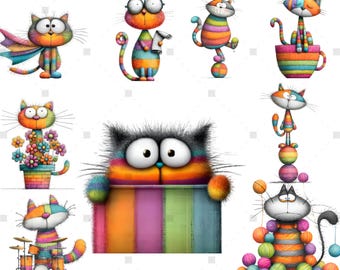 Quirky Cats Clipart Collection, Funny Watercolor Cat Graphics 30PNG Illustrations, Whimsical Cat Art, Digital Download, Commercial Use