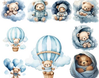 20 Png Watercolor Baby Teddy Bears Clipart, Little Classics Kids Nursery Clipart, Vintage Toys PNG, Baby Shower Decor,  Digital Download