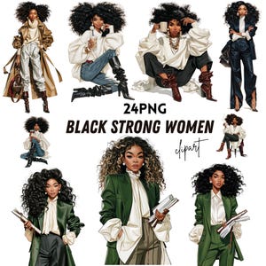 May include: A collection of 24 PNG digital illustrations featuring Black women with voluminous curly hair in various professional and casual outfits, including trench coats, blazers, sweaters, and trousers, with the text 24PNG BLACK STRONG WOMEN clipart.