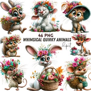 May include: A digital collection of 46 PNG files featuring illustrations of animals including rabbits, a lamb, a cat, a squirrel, a cow, and mice. Each animal is adorned with colorful floral crowns and some carry woven baskets filled with fruit.