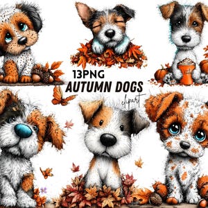 Puede incluir: Una colección de ilustraciones digitales que muestran seis cachorros con pelaje marrón, negro y blanco, rodeados de hojas de otoño, calabazas, bellotas y mariposas. El texto 13PNG AUTUMN DOGS clipart está centrado en la imagen.