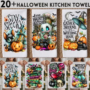 May include: A collection of white kitchen towels featuring Halloween-themed illustrations including black cats, pumpkins, witches' hats, cauldrons, skulls, and potions. The designs include text such as Stay Spooky, The Haunted Kitchen, and Gather Around.