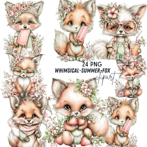 May include: A collection of whimsical fox illustrations in a watercolor style. The foxes are adorned with floral crowns and accessories, holding popsicles, strawberries, and drinks. The text "24 PNG WHIMSICAL-SUMMER-FOX clipart" is visible.