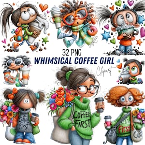 Whimsical Coffee Girl Clipart Bundle Morning Girl Work From Home Clipart Instant Download Paper Crafts Junk Journal Scrapbooking