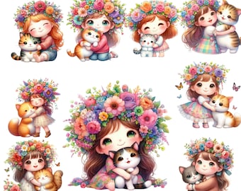 20 png Whimsical Girl with Cat Clipart – Cute Child & Kitten–Scrapbooking Children’s Books - Commercial Use
