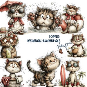 Puede incluir: Colección de imágenes prediseñadas de gatos de verano caprichosos. Las ilustraciones presentan gatos en varios entornos de playa y vacaciones, usando gafas de sol, sosteniendo bebidas y usando una tabla de surf. La paleta de colores incluye tonos de marrón, rojo y blanco.