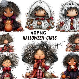 May include: A collection of 40 PNG Halloween-girls clipart illustrations featuring characters with curly hair in various costumes including ghosts, witches, and cats, surrounded by pumpkins, autumn leaves, and candy corn in a whimsical art style.