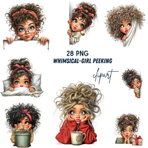 Puede incluir: Una colección de imágenes prediseñadas de chicas caprichosas. Las ilustraciones presentan chicas con cabello rizado, que usan cintas para la cabeza y sostienen varios objetos. Se muestra el texto "28 PNG WHIMSICAL-GIRL PEEKING clipart".