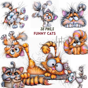 May include: A digital collection of 38 PNG files featuring funny cats with large eyes and messy fur in various poses, including kittens in boxes, upside-down cats, and playful felines. The text 38 PNG,S FUNNY CATS is centered in the image.