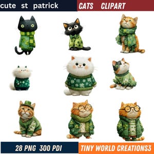 Könnte beinhalten: Illustration von neun Katzen im St. Patrick's Day-Thema. Jede Katze trägt grüne Pullover, Schals und Hüte mit Kleeblättern. Der Text enthält "cute st patrick", "cats clipart", "28 PNG 300 PDI" und "TINY WORLD CREATIONS3".