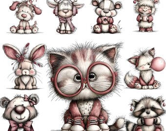 31 söta djur som kikar clipart-paket, roliga djurpaket, söta djur clipart, akvarell djur clipart, barnrumstryck PNG