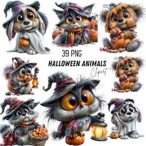 May include: A collection of 39 PNG digital illustrations featuring various animals dressed in Halloween costumes, including a dog in a ghost sheet, a cat with a scarf, a bear with candy, a squirrel with a lantern, and an owl with a lantern.