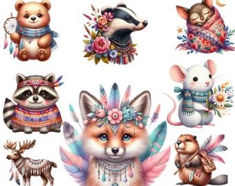 Imágenes prediseñadas florales con animales del bosque: Gráficos para guardería (Descarga digital de 29 imágenes PNG)