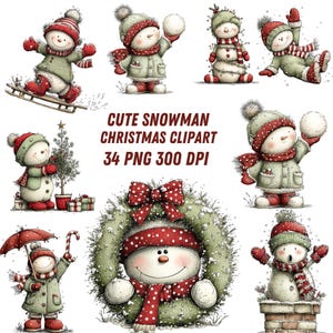 Op de afbeelding: Een verzameling schattige sneeuwman kerst clipart illustraties. Elke sneeuwman is afgebeeld in een grillige stijl, gekleed in rode en groene winterkleding. De afbeelding toont sneeuwmannen die sleeën, sneeuwballen vasthouden en een kerstboom versieren. Tekst op de afbeelding: "CUTE SNOWMAN CHRISTMAS CLIPART 34 PNG 300 DPI."