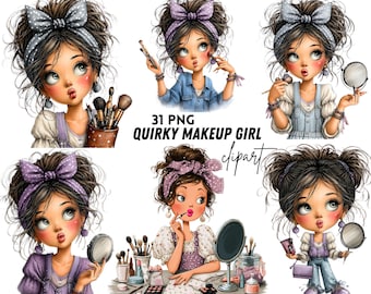 May include: A digital illustration set featuring a character with messy brown hair, a polka-dot bow, and various makeup accessories. The text reads 31 PNG QUIRKY MAKEUP GIRL clipart. The character is shown applying cosmetics, holding mirrors, and using brushes.