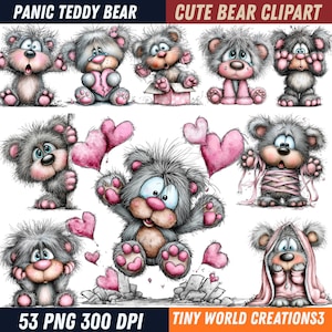 Könnte beinhalten: Eine Sammlung von Cartoon-Teddybär-Clipart in verschiedenen Posen. Die Bären sind hauptsächlich grau mit rosa Akzenten, einschließlich ihrer Pfoten, Nasen und Herzen. Der Text "PANIC TEDDY BEAR" und "CUTE BEAR CLIPART" ist enthalten.