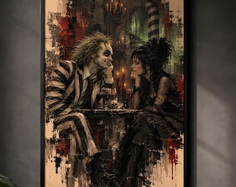 Puede incluir: Una impresión de arte mural enmarcada que presenta una ilustración estilizada de dos figuras sentadas a una mesa. Una figura tiene el cabello verde alborotado y un traje a rayas blancas y negras. La otra tiene cabello oscuro y un vestido de encaje negro.