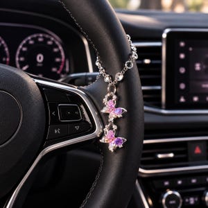 Pink Butterfly Car Charm, Bling Rhinestone Steering Wheel Accessory, Crystal Car Interior Decor for Women, Cute Girly Car Accessory
