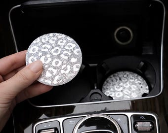 Portavasos para coche de TPU brillante con estampado de leopardo, impermeables y con brillo, antideslizantes para interiores de coche.