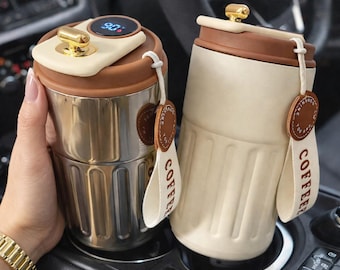 Slimme geïsoleerde led-reismok 450 ml – roestvrijstalen vacuümkoffiekop voor in de auto, lekvrije herbruikbare thermische beker