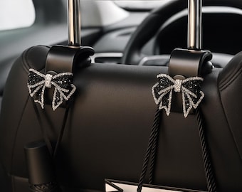Velvet Bow Car Headrest Hooks with Rhinestones – Elegant Black Car Organizer, Luxury Girly Car Decor (2pcs)