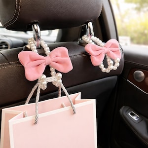 Velvet Bow Car Headrest Hooks with Faux Pearls, Luxury Seat Organizer for Handbags & Accessories (Set of 2)