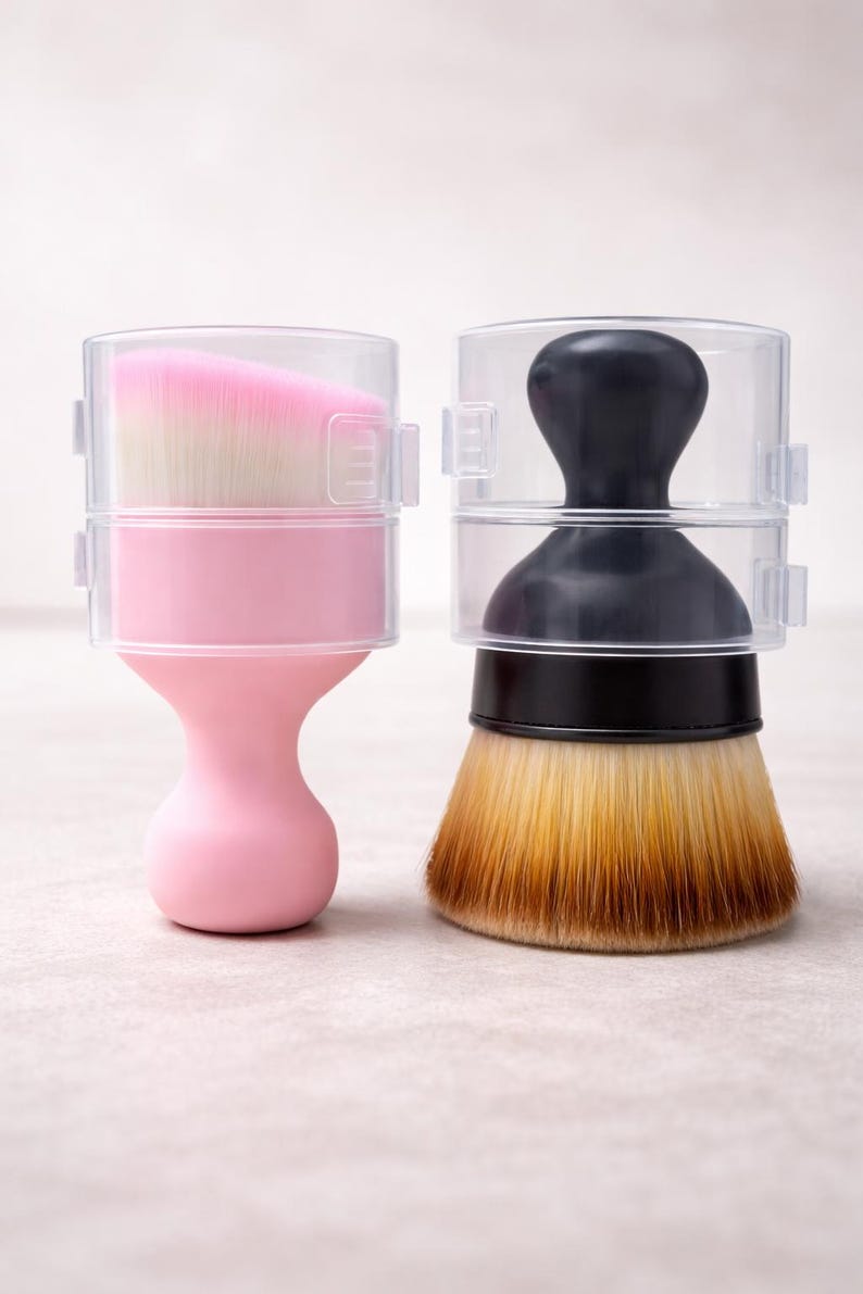 May include: Two makeup brushes with clear protective covers. One brush has a pink handle and a pink and white brush head. The other brush has a black handle and a brown and yellow brush head. Both brushes are on a light-colored surface.