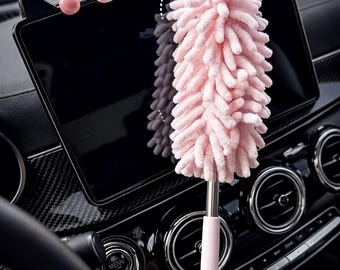 Telescopische microvezel autostofdoek – schattige roze autoreinigingsborstel, uitschuifbare auto-interieurstofzuiger voor dames, luxe autoaccessoire