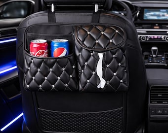 Organizador de asiento de coche acolchado de lujo: almacenamiento de cuero sintético para el asiento trasero, porta pañuelos con puntada de diamante, elegante accesorio para el interior del coche.