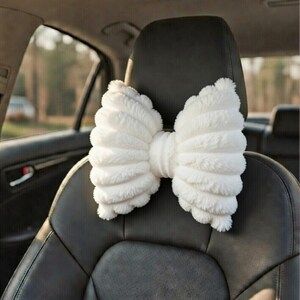 Cute Bow Car Neck Pillow with Cartoon Design, Plush Car Headrest - Simple, Cute Interior Accessories and Creative Gift for Girls White
