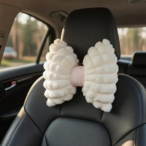 Cute Bow Car Neck Pillow with Cartoon Design, Plush Car Headrest - Simple, Cute Interior Accessories and Creative Gift for Girls Pink