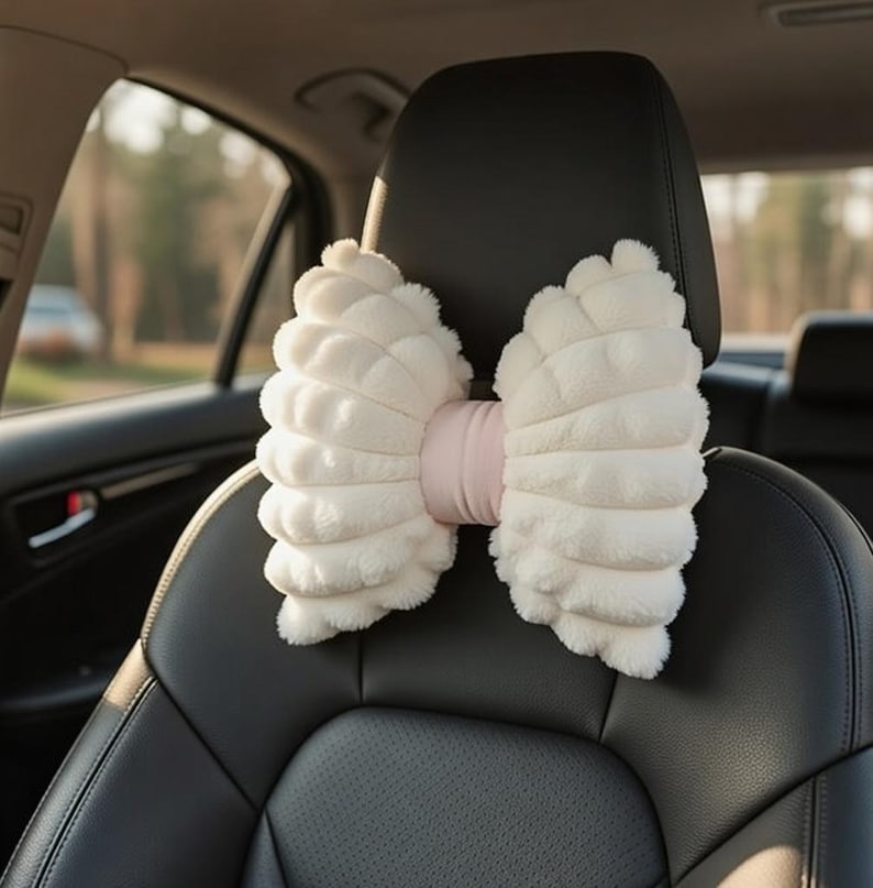Cute Bow Car Neck Pillow with Cartoon Design, Plush Car Headrest - Simple, Cute Interior Accessories and Creative Gift for Girls Pink