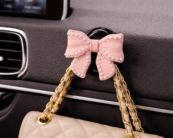 Roze parelstrik autohaak – Luxe girly autoaccessoire, handtashouder, portemonneehanger, schattig interieurdecor voor dames