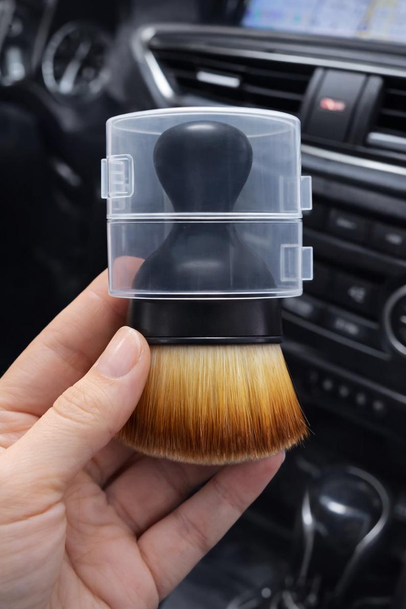May include: A black makeup brush with a clear plastic cover. The brush has a black handle and a rounded brush head with a gradient of tan and brown bristles. The brush is designed for applying makeup.