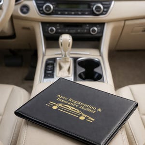 Puede incluir: Soporte negro para registro y seguro de automóvil con letras doradas y un gráfico de coche, apoyado en un asiento de coche beige. El texto dice "Auto Registration & Insurance Holder". El interior del coche presenta un salpicadero y consola beige.