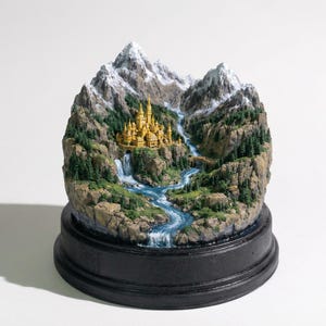 Może przedstawiać: Miniaturowa rzeźba krajobrazu fantasy przedstawiająca złoty zamek osadzony w paśmie górskim. Szczegółowa diorama obejmuje wodospady, rzekę i bujne zielone lasy. Podstawa jest czarna.