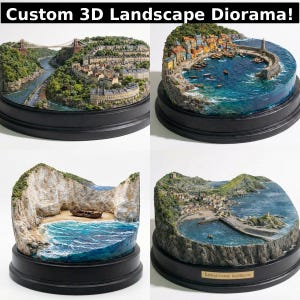 May include: Four custom 3D landscape dioramas on black bases. One diorama depicts a coastal town with a lighthouse, another shows a bridge over a river, a third features a beach with a boat, and the last shows a harbor.