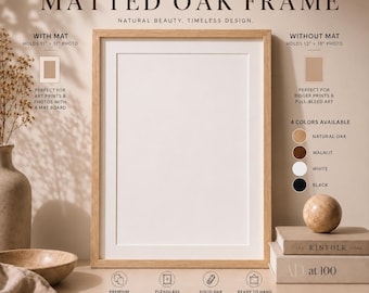 Matted Solid Oak Picture Frame, Beveled Mat, Real Glass or Plexiglass