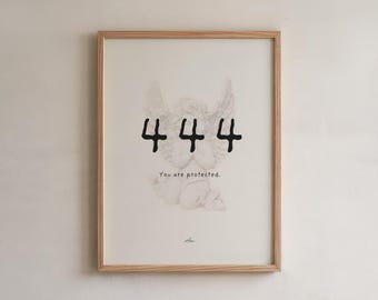 May include: Framed art print featuring a sketch of an angel with wings, the number 444 in black, and the text "You are protected." The artwork is in a light wood frame, suitable for wall decor.