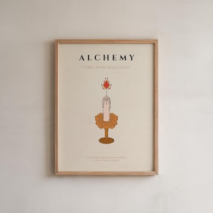 May include: A framed wall art print on a light beige background featuring the text ALCHEMY and TURN PAIN INTO LIGHT at the top. A central illustration shows a lit candle in a brown holder. The text EVEN FIRE CAN BECOME WARMTH IN THE RIGHT HANDS appears below.